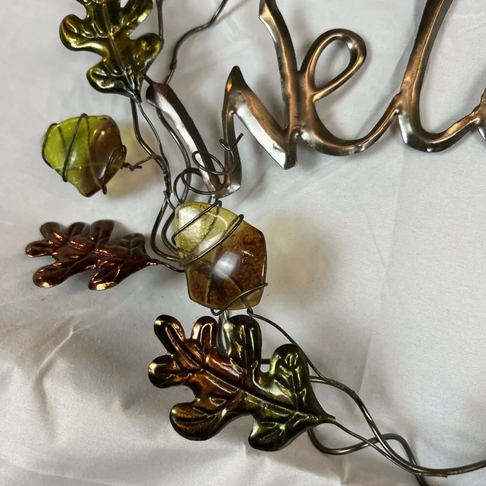 Fall Leaves Welcome Wreath Hanging Metal & Glass Decor Thanksgiving 17x13”